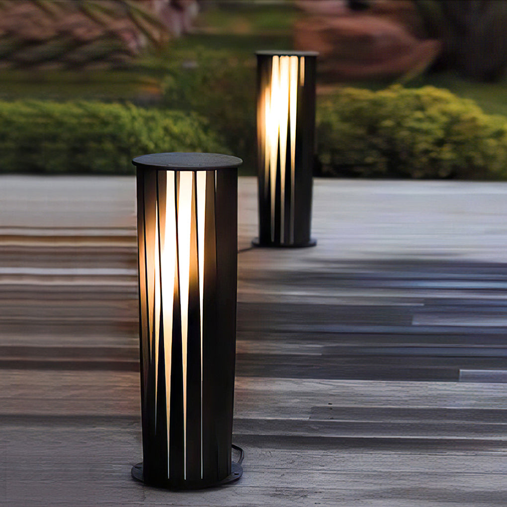 Geometric Cage Solar LED Bollard Path Light — Die-Cast Aluminum, Black, IP65, 3000K, Available in 15.7", 23.6", or 31.5"