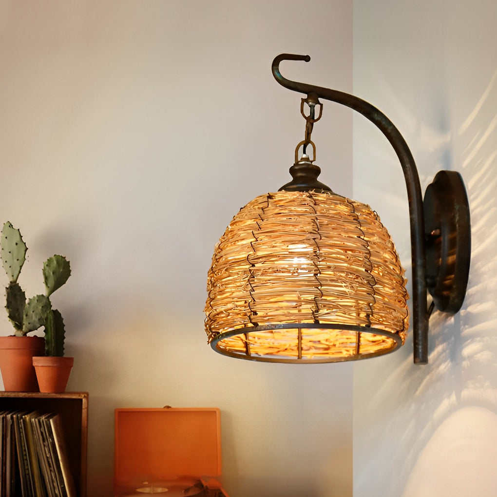 Rustic Handwoven Rattan Wall Sconce — Iron, E27, 8" Diameter, Warm White 3000K