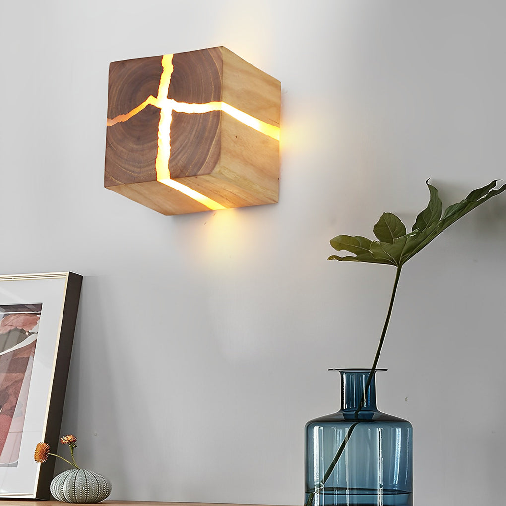 Square Cracked Wood Grain Wall Sconce — Wood and Resin, G4, Warm White 3000K, Rustic Modern