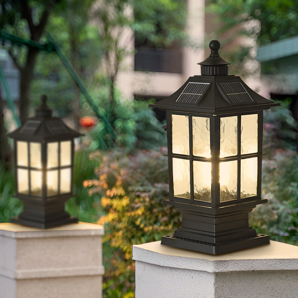 Modern Black Solar Post Cap Pillar Light — Die-Cast Aluminum & Glass, E27 LED, Remote Control, Dimmable