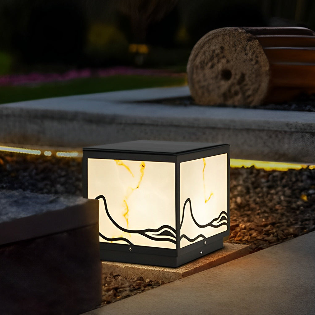 Mountain Scenery Solar Post Cap Light — Stainless Steel and Imitation Marble, LED, IP65, Warm White 3000K, Remote Control