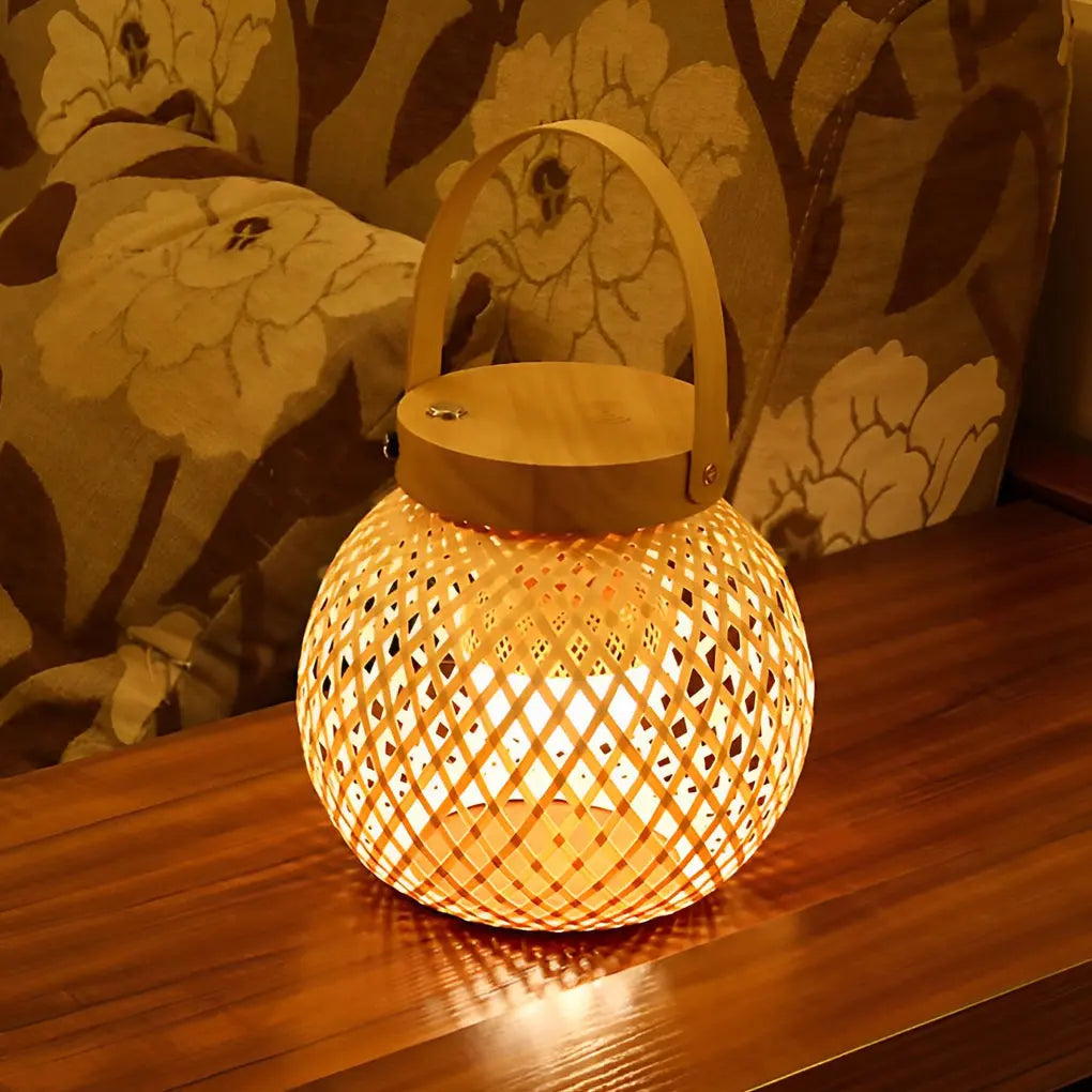 Portable Rustic Bamboo Lantern Table Lamp with Handle - Woven Design Luxe
