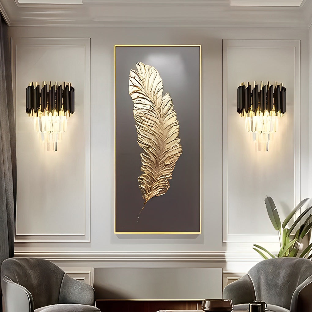 Postmodern Geometric Wall Sconce — Metal and Crystal Glass, 2-Light E14, Gold and Black, 10" × 14"