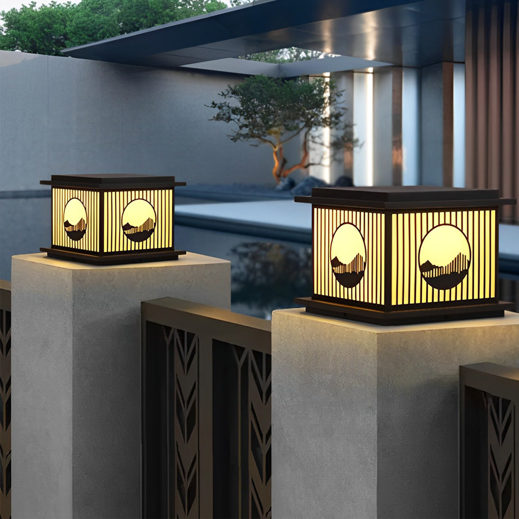 Modern Black Solar Pillar Lamp with Retro Mountain Scenery - Waterproof LED Design