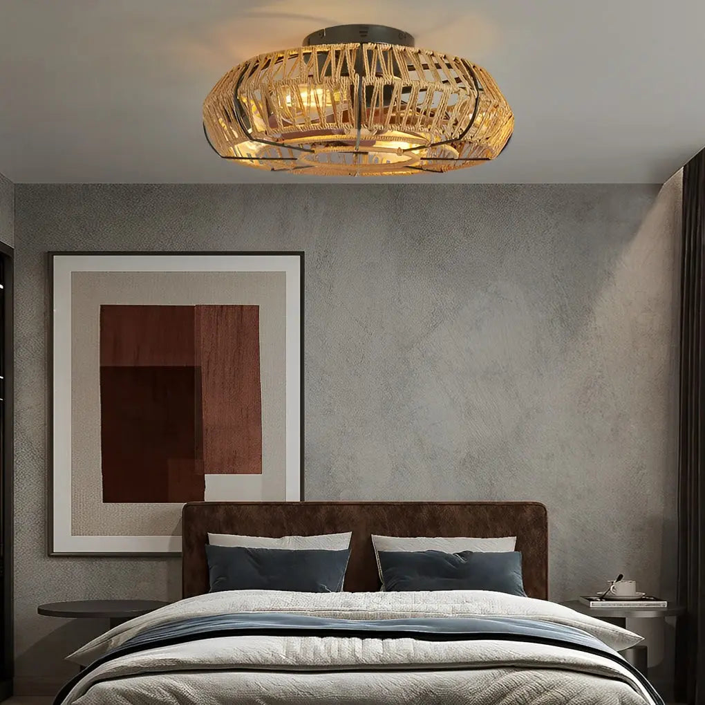 Industrial Style Inverter Ceiling Fan Lamp with Creative Rattan and Iron Design Luxe
