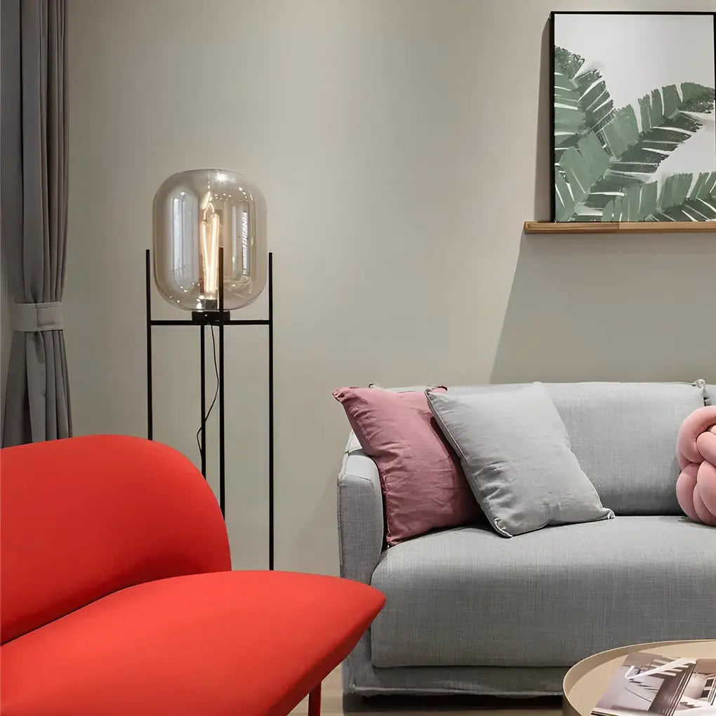 Industrial Floor Lamp with Standing Metal Base and Hand-Blown Glass Shade Luxe