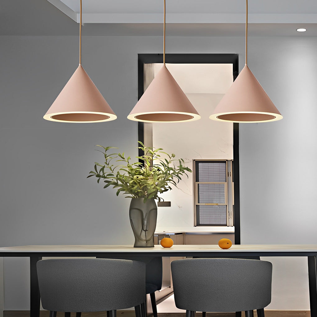 Minimalist Conical Mini Pendant — Iron and Acrylic, LED, Macaron Colors, 9.1" Diameter, 59.1" Adjustable Wire