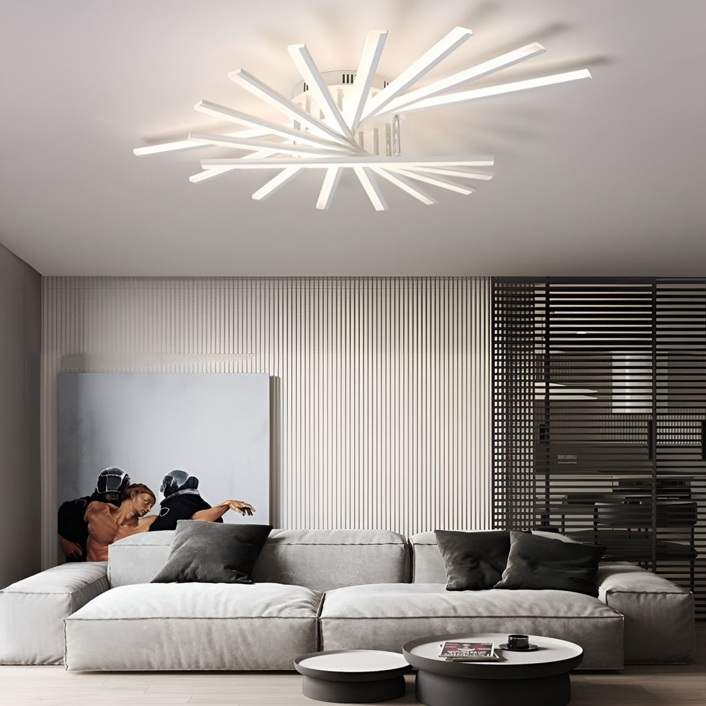Modern Minimalist Strip LED Semi-Flush Chandelier — Iron and Acrylic, White, Stepless Dimming, Remote Control, 7- or 9-Light