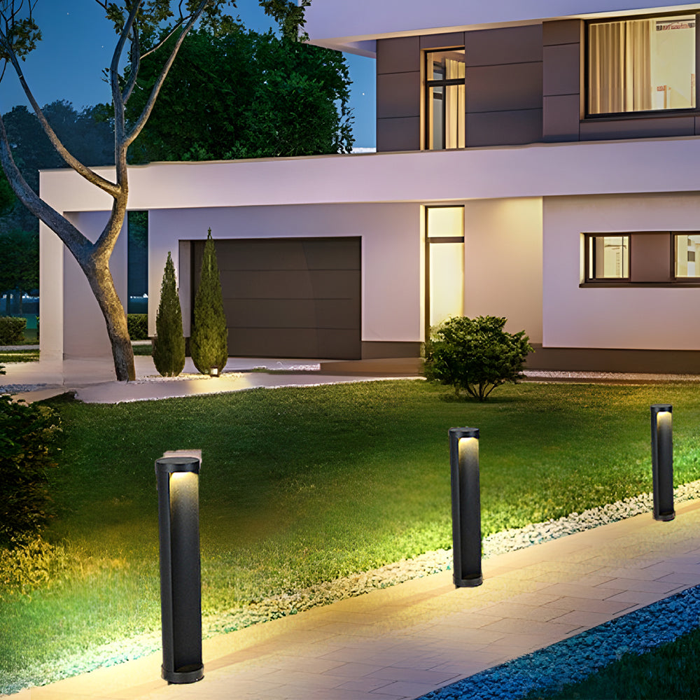 Contemporary Outdoor Cylinder Bollard Light — Aluminum and Frosted Glass, LED, Solar or Hardwired, IP65, 15W, Black