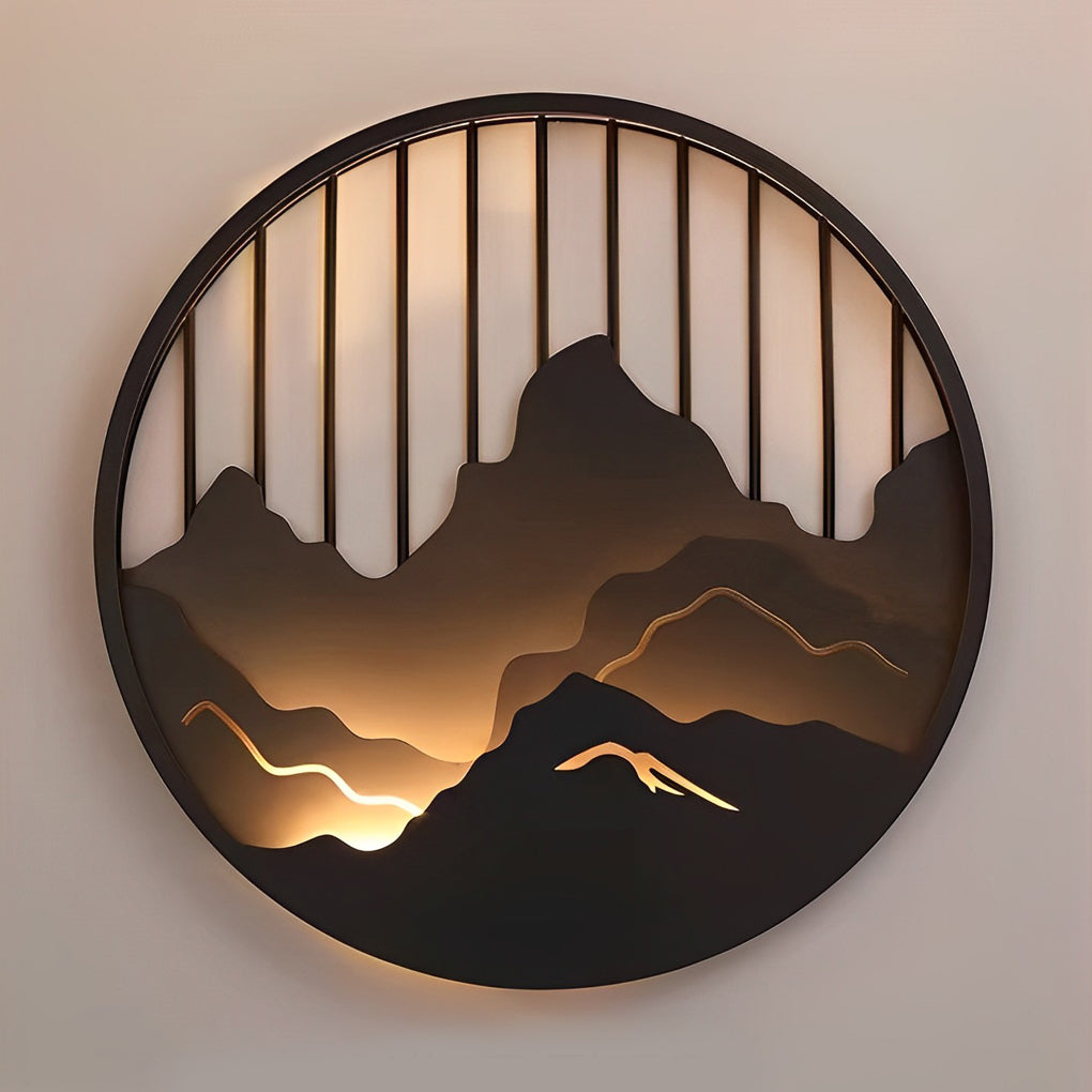 Round Mountain Scenery Outdoor Wall Sconce — Black Iron, LED Waterproof, 16"/24"/31"