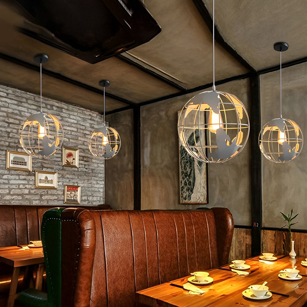 Industrial Globe Pendant — Black or White Iron, 12" Diameter, E27, Max 60W