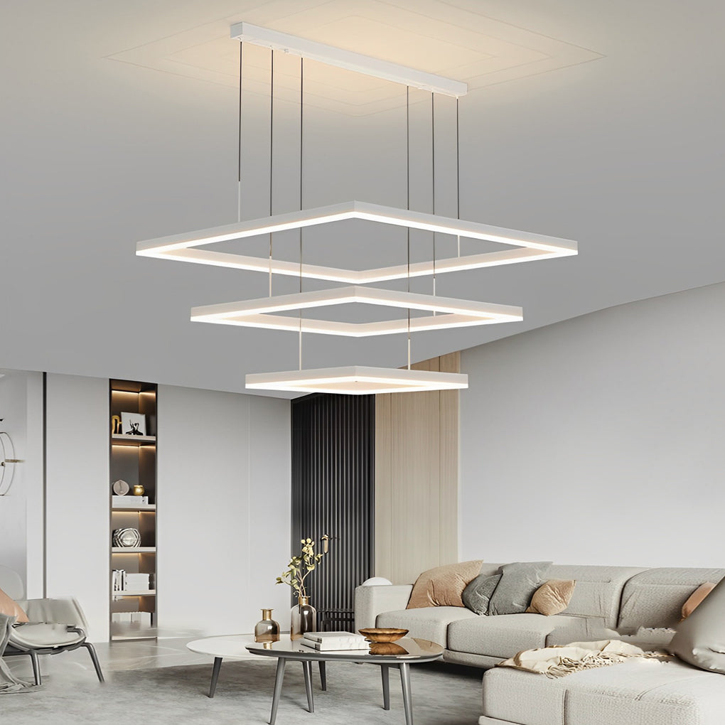 Ultra-Thin Square Ring LED Chandelier — White Aluminum, Three-Step Dimming, 3000K/4500K/6000K