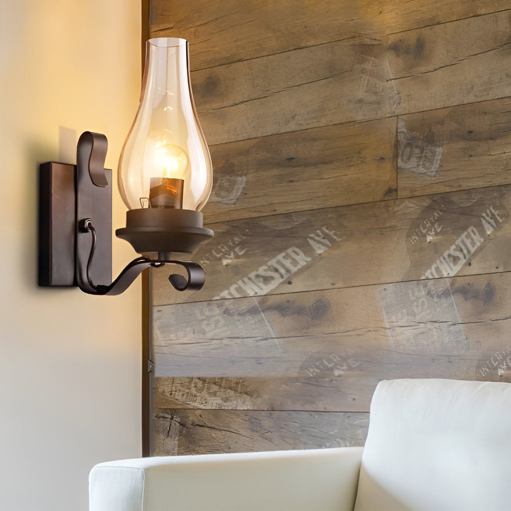 Industrial Retro Wall Sconce — Black Iron, E27, Blown Glass Shade, 8" × 12"
