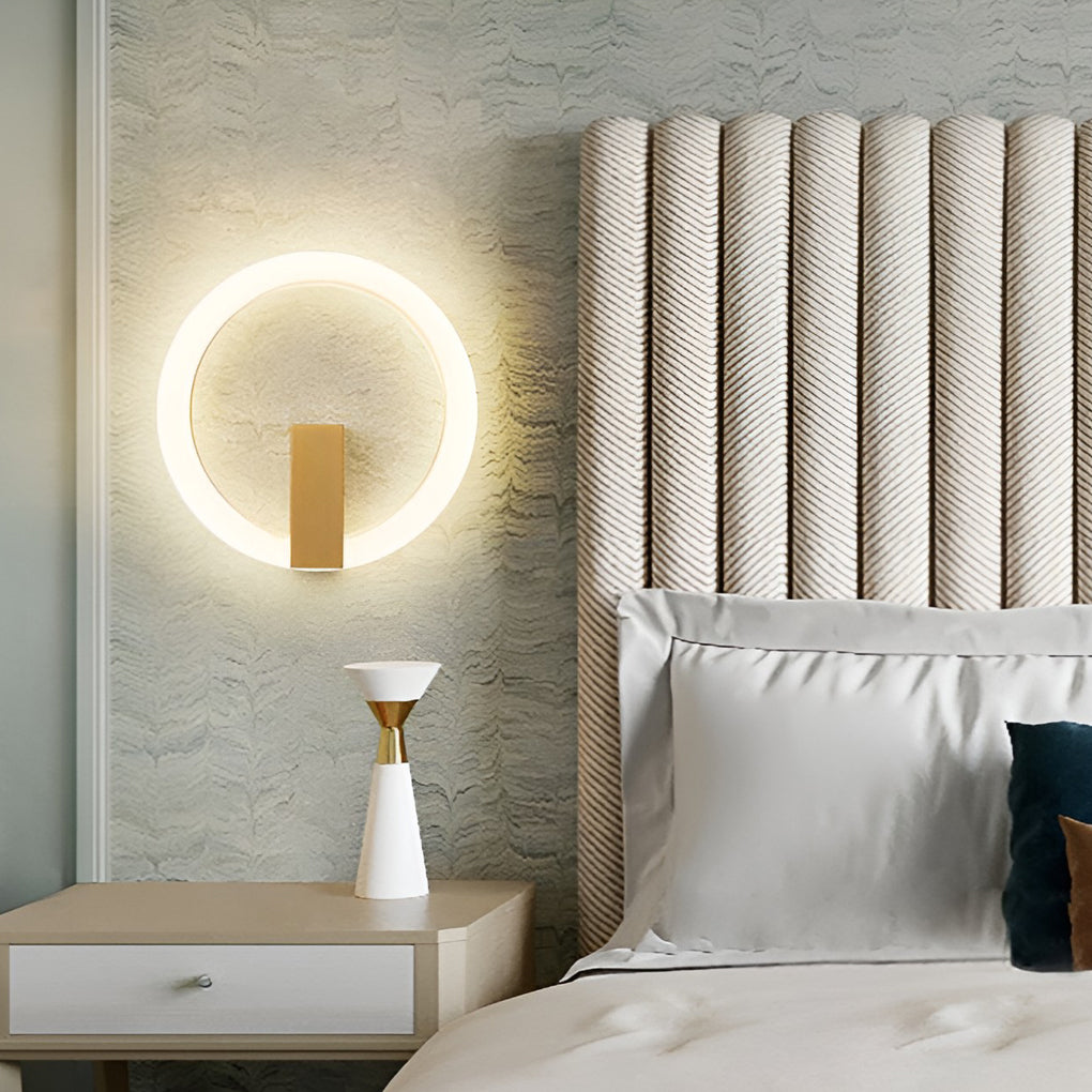 Modern Circle LED Wall Sconce — Iron and Acrylic, 3-Step Dimming, Remote, 4500K, Coffee or Gold, 8"–16"