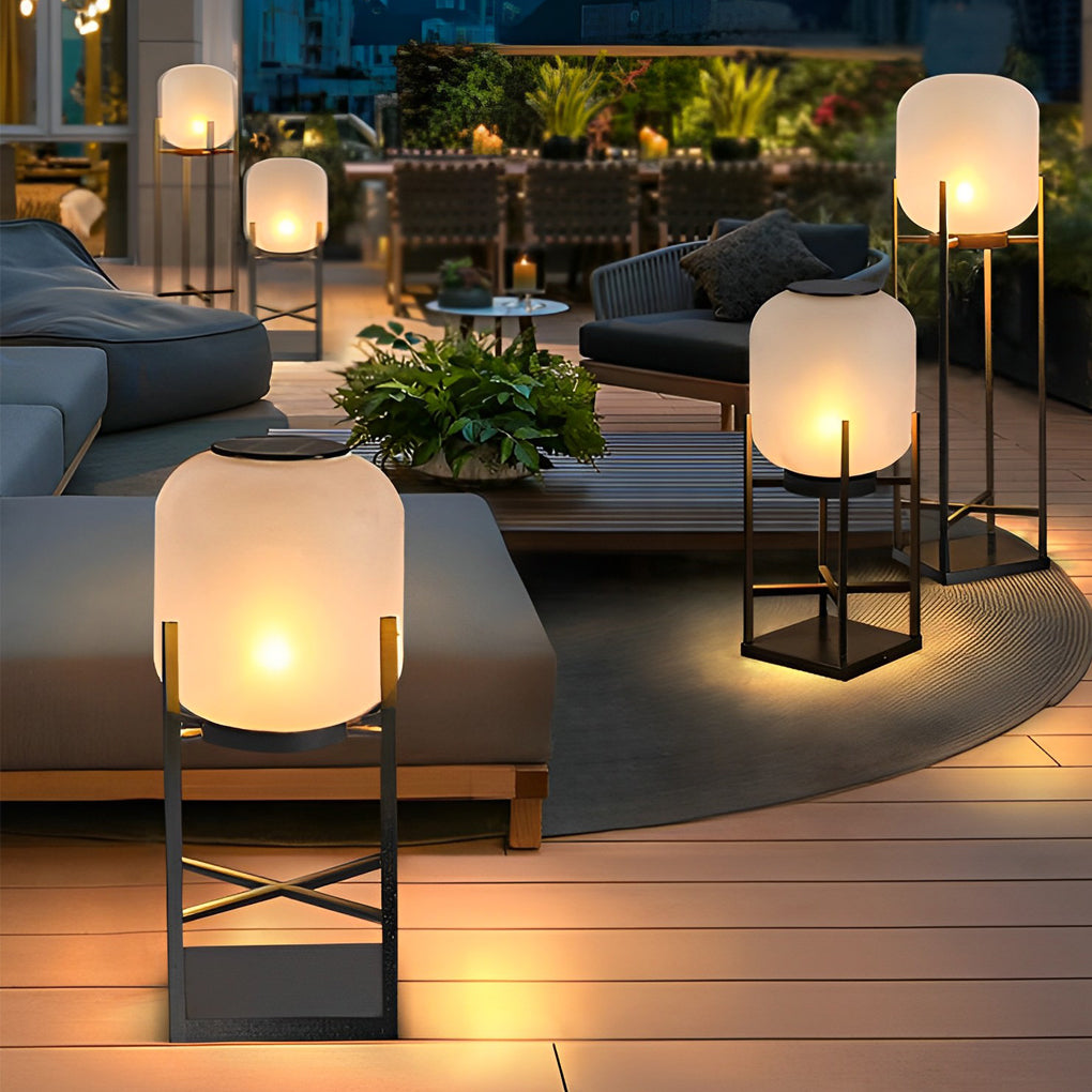 Lantern Outdoor Floor Lamp — Black Stainless Steel & Acrylic, LED, Solar or Hardwired, IP65, 3000K