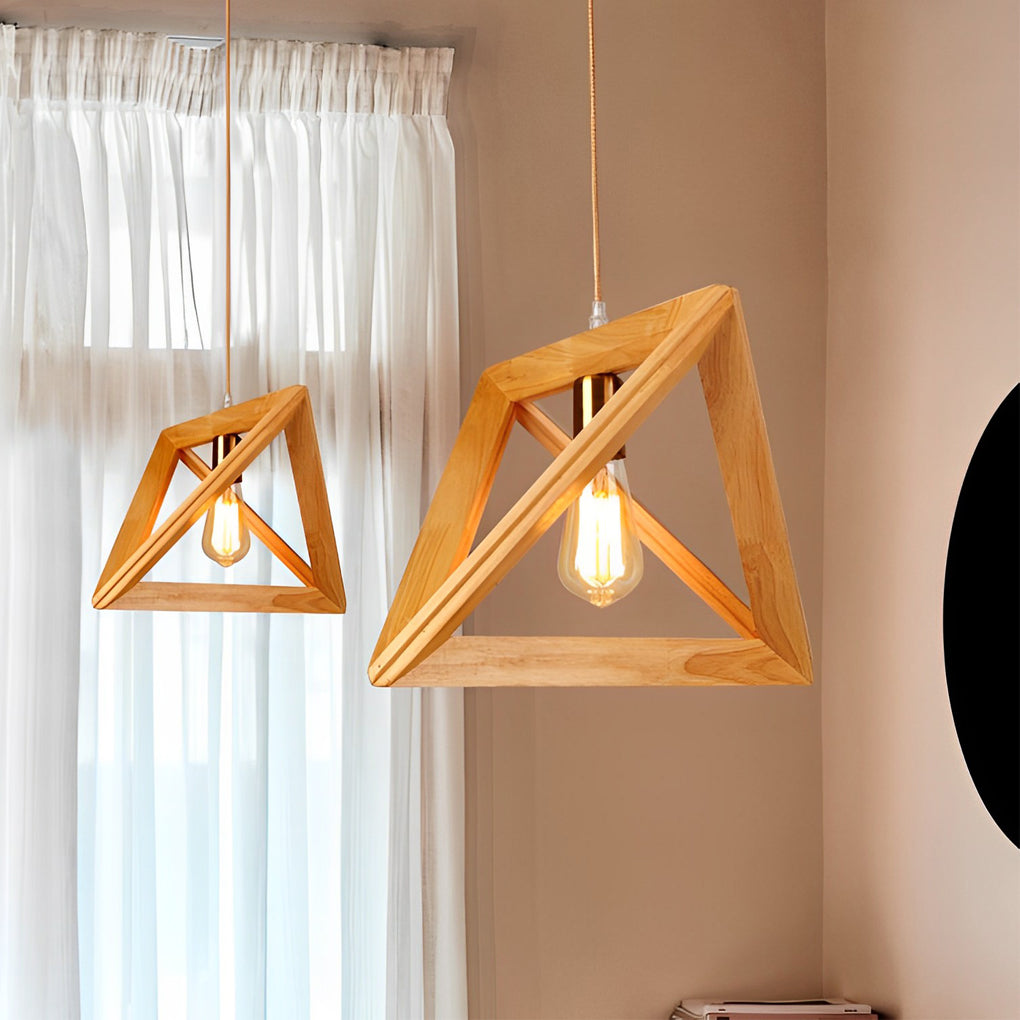 Geometric Wood Frame Pendant Light — Rustic Modern, E27, Adjustable 59" Cord