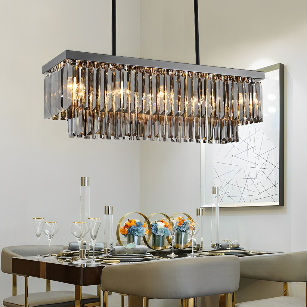 Rectangular Crystal LED Chandelier — Smoke Gray, Stainless Steel, 3-Step Dimming (3000K/4500K/6000K), E14