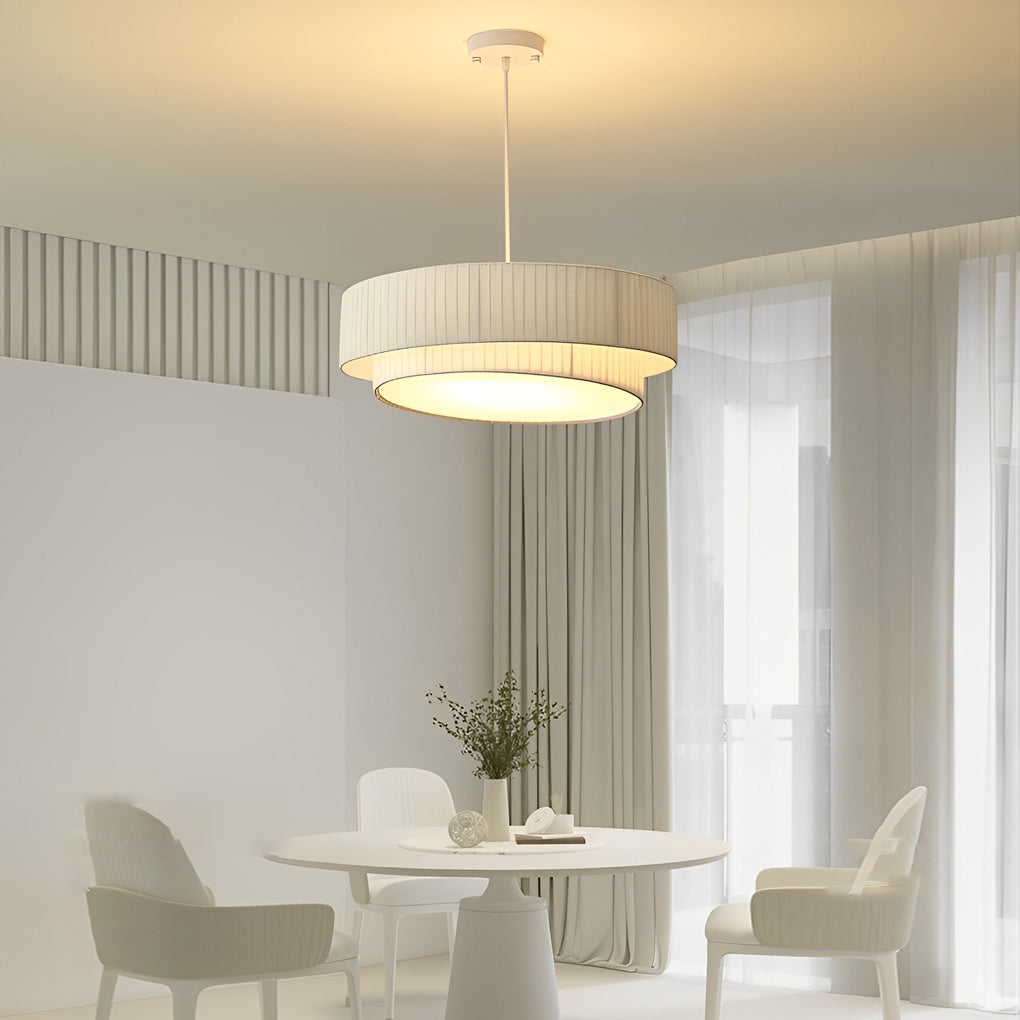 Double-Layer Drum Pleated Chandelier — White Fabric & Acrylic, 4-Light E27, 20" Diameter, 3000K Warm White