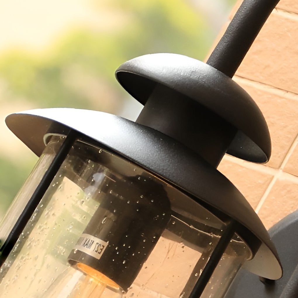 Industrial Outdoor Wall Sconce — Black Iron and Glass, Plug-in, E27, LED, 7" × 16"