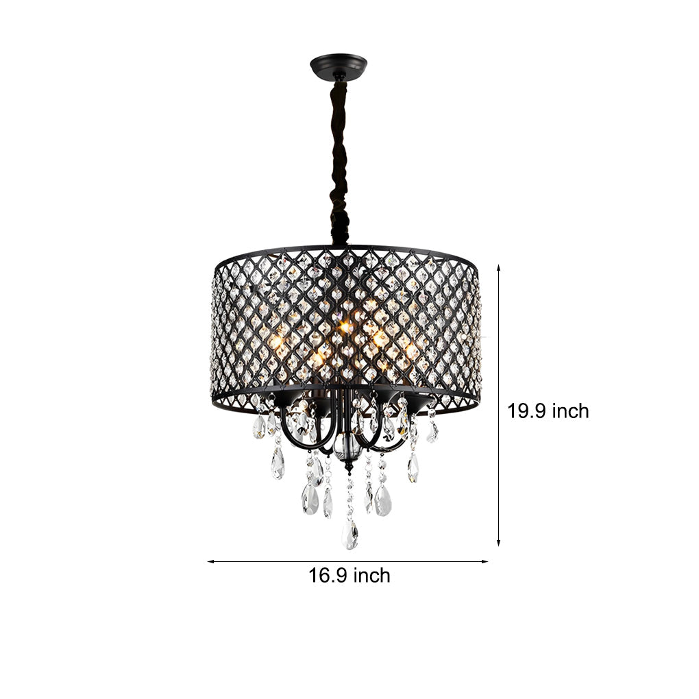Round Iron and Crystal Chandelier — Retro, Black or Silver, E14, 16.9" Diameter