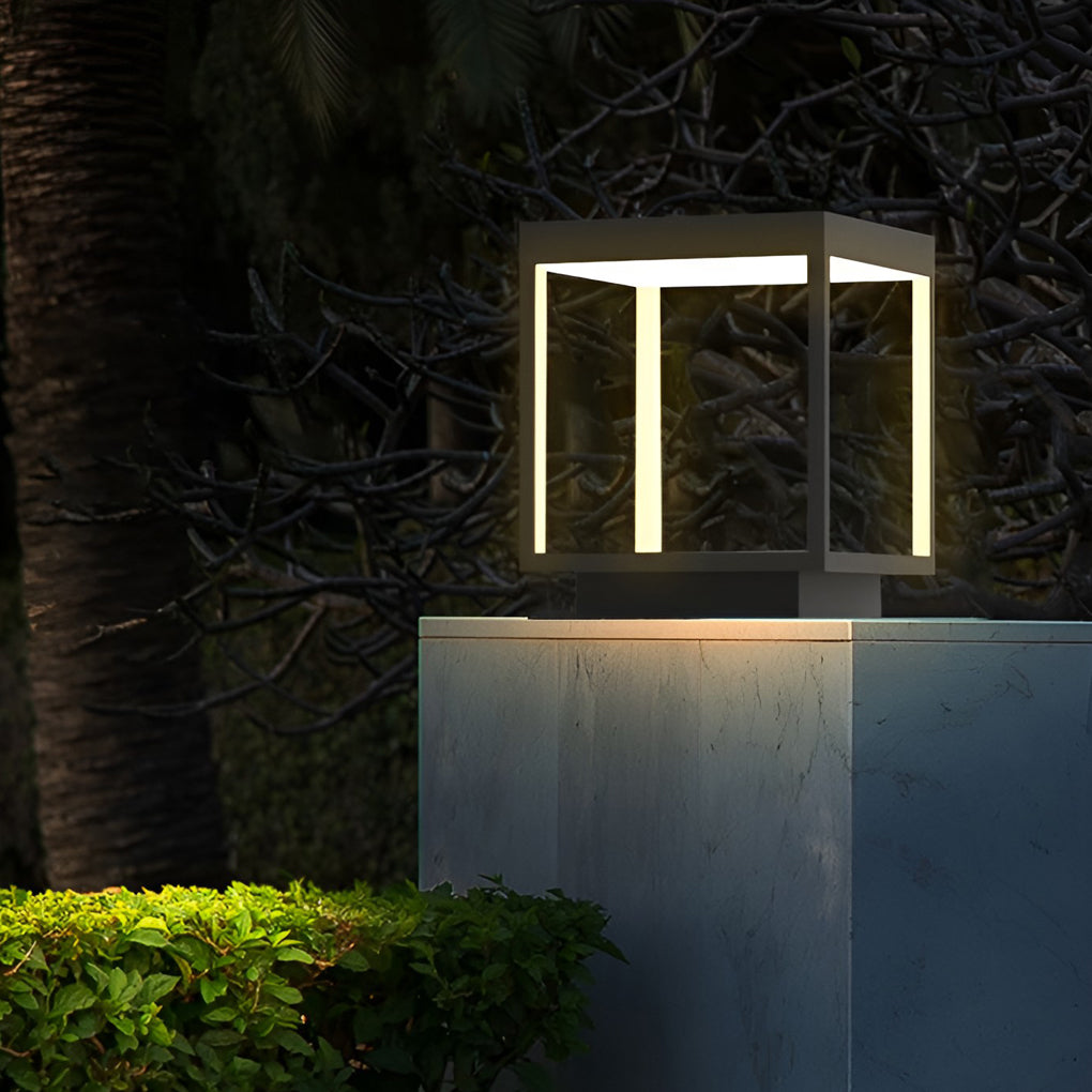 Contemporary Square Open-Frame Solar Pier-Mount Post Light — Stainless Steel & Acrylic, LED, IP54, Warm White 3000K