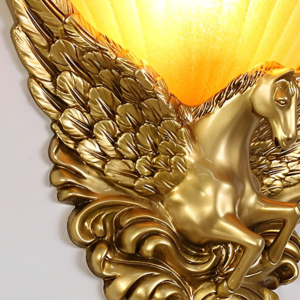 Resin Horse Head Wall Sconce — Gold, Frosted Glass, E27, 13.2" Wide, Warm White 3000K