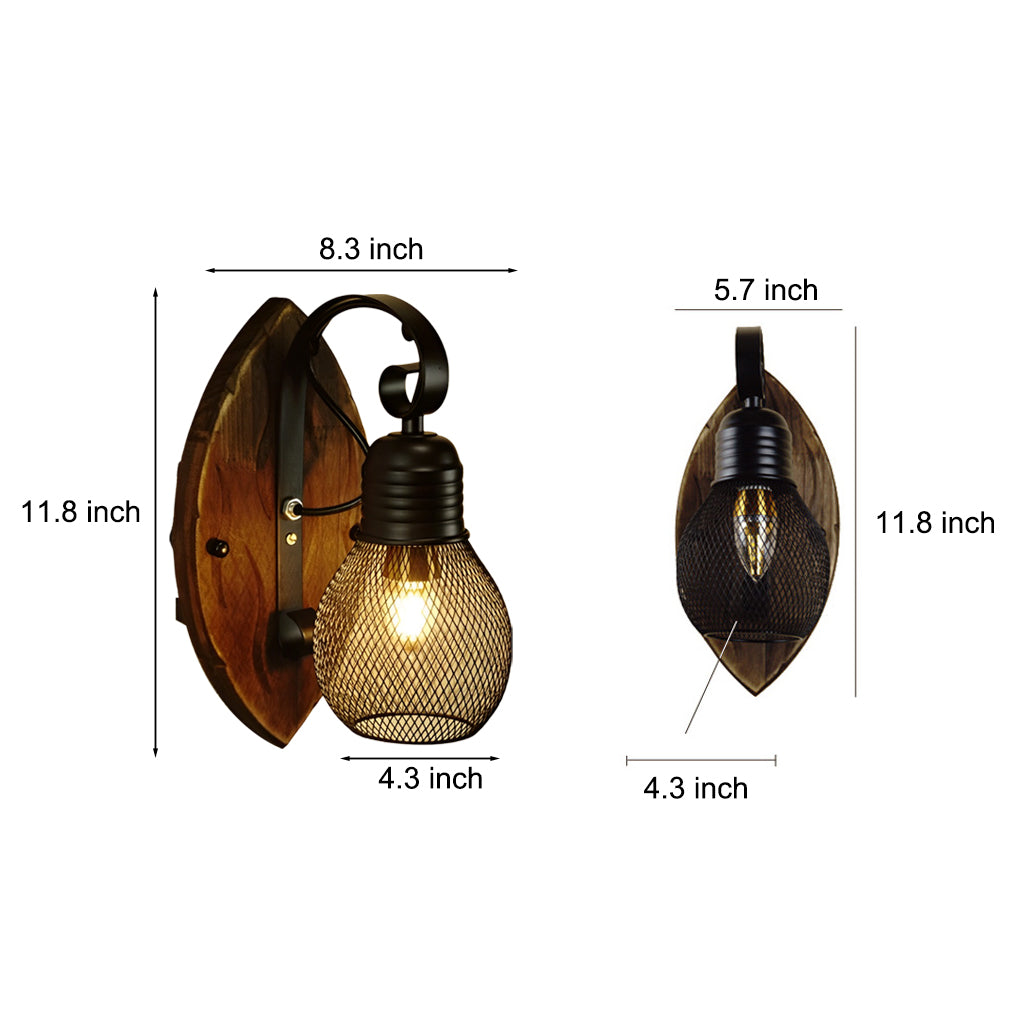 Industrial Rustic Wall Sconce — Antique Wood and Black Iron Hollow Mesh, E27, Hardwired, Max 40W