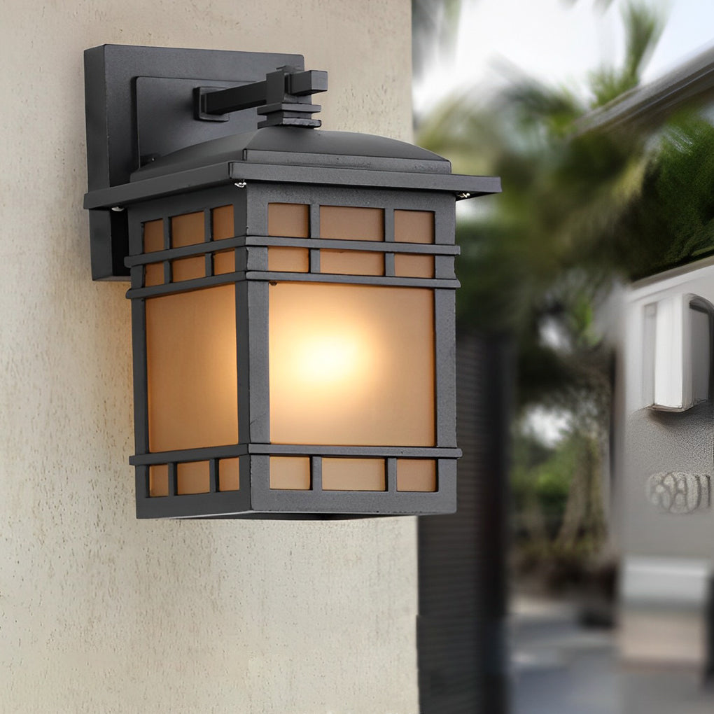 Vintage Industrial Outdoor Wall Sconce — Black Aluminum, Square Yellow Glass Shade, E27, Waterproof