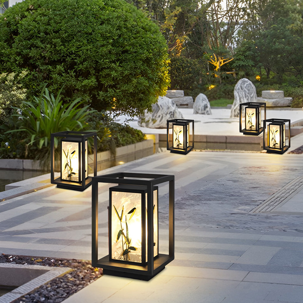 Landscape-Pattern Solar Bollard Path Light — Galvanized Steel & Hand-Painted Acrylic, E27, IP55, 12W/24W