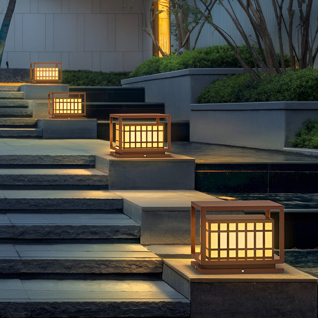 Modern Square Outdoor Pillar Light — Stainless Steel, Brown, LED, IP65 Weatherproof, 3000K Warm White