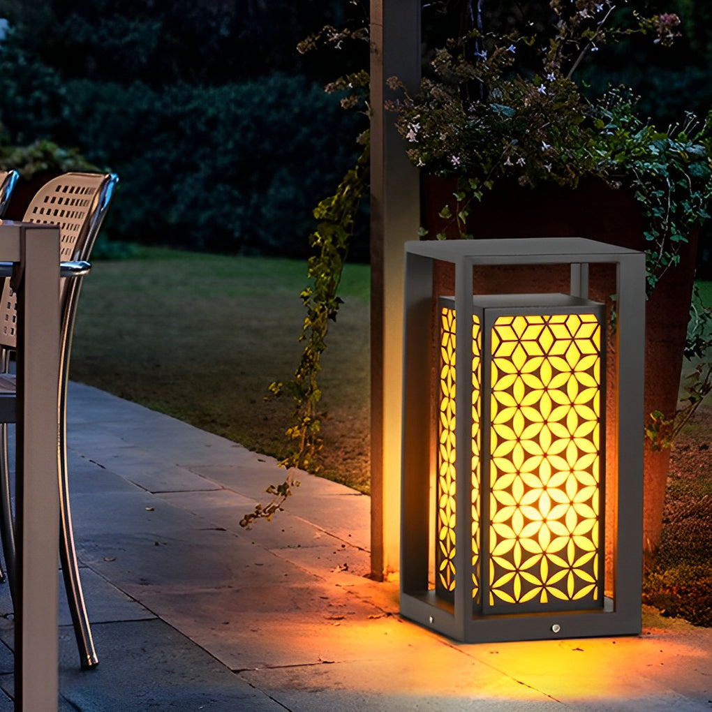Floral Pattern Modern Bollard Path Light — Black Galvanized Steel, 10W LED, 3000K Warm White