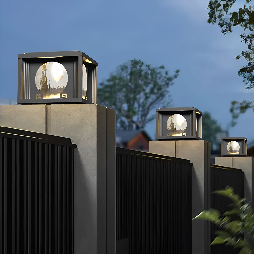 Black Solar Fence Post Cap Light — Die-Cast Aluminum & Tempered Glass, 360° Charging, 3000K LED, Square and Round Posts