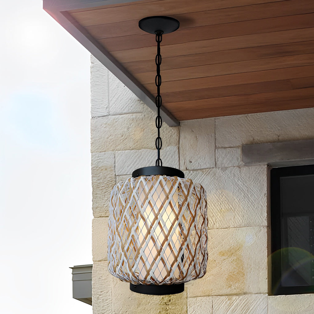 Rustic Modern Outdoor Hanging Chandelier — Iron and Rattan, E27, 10.2" Diameter, Waterproof