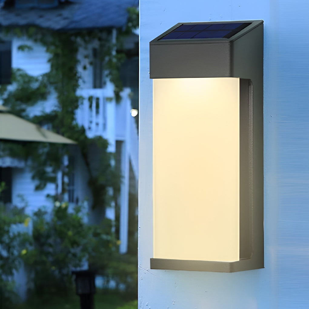 Rectangular Solar Outdoor Wall Sconce, Set of 2 — Die-Cast Aluminum, Frosted Glass, LED, IP44, 3000K Warm White