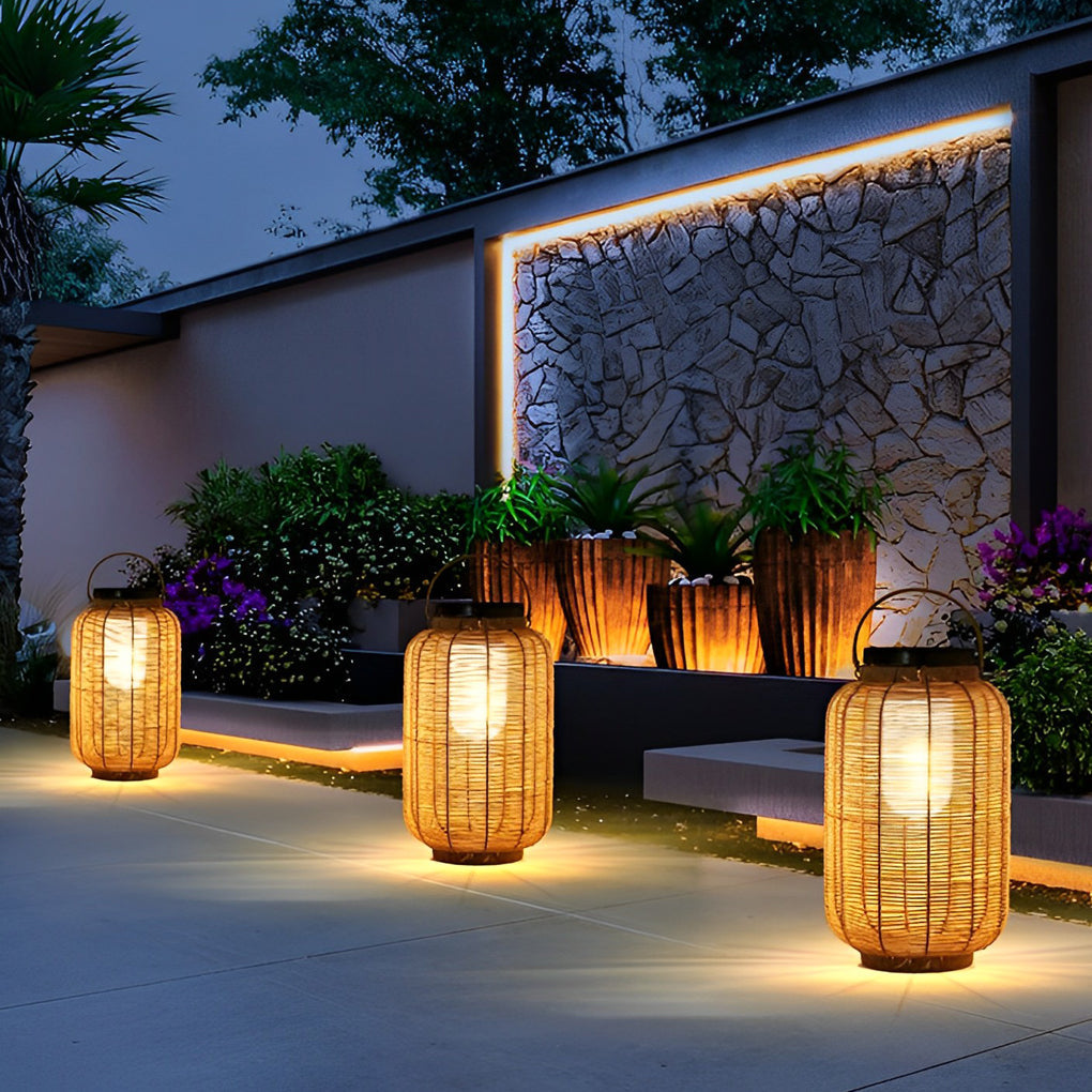 Hand-Woven Rattan Solar Portable Lantern Floor Lamp — Iron, LED, IP65 Weatherproof, 4500K