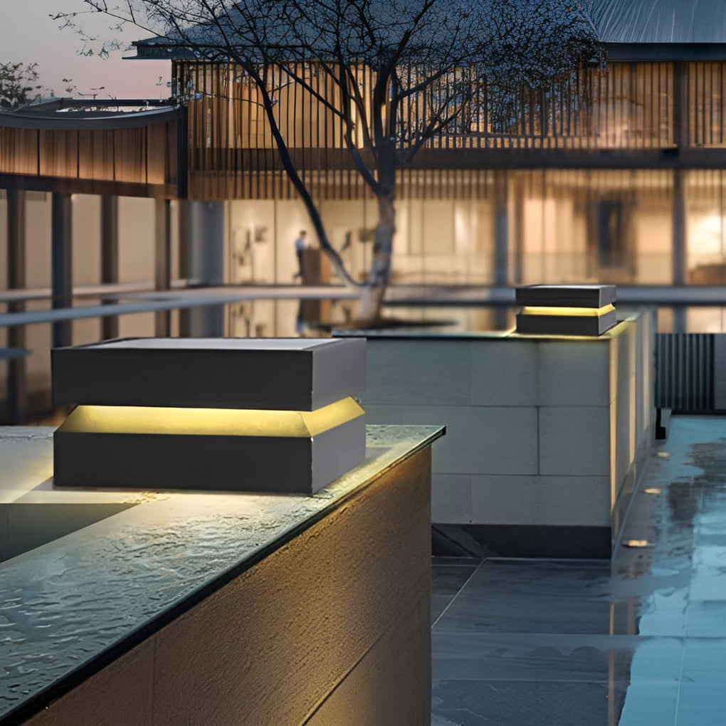 Modern Square LED Post Cap Pillar Light — Black Stainless Steel, 16W, Solar / Hardwired, IP65, 3000K