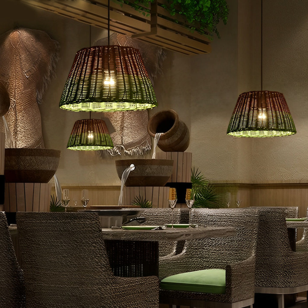 Retro Rattan Pendant Light — Handcrafted Natural Rattan, Industrial, E27, 15" Diameter
