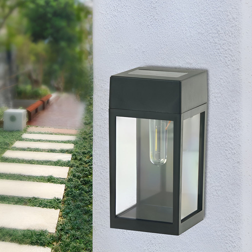 Rectangular Glass Solar Outdoor Wall Sconce — Black, LED, Light-Control Auto On/Off, Waterproof, 2800–3200K