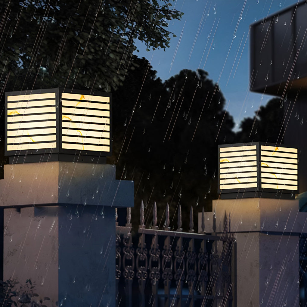 Modern Square Outdoor Pillar Post Light — Stainless Steel, Faux Marble, Solar / Hardwired, IP65