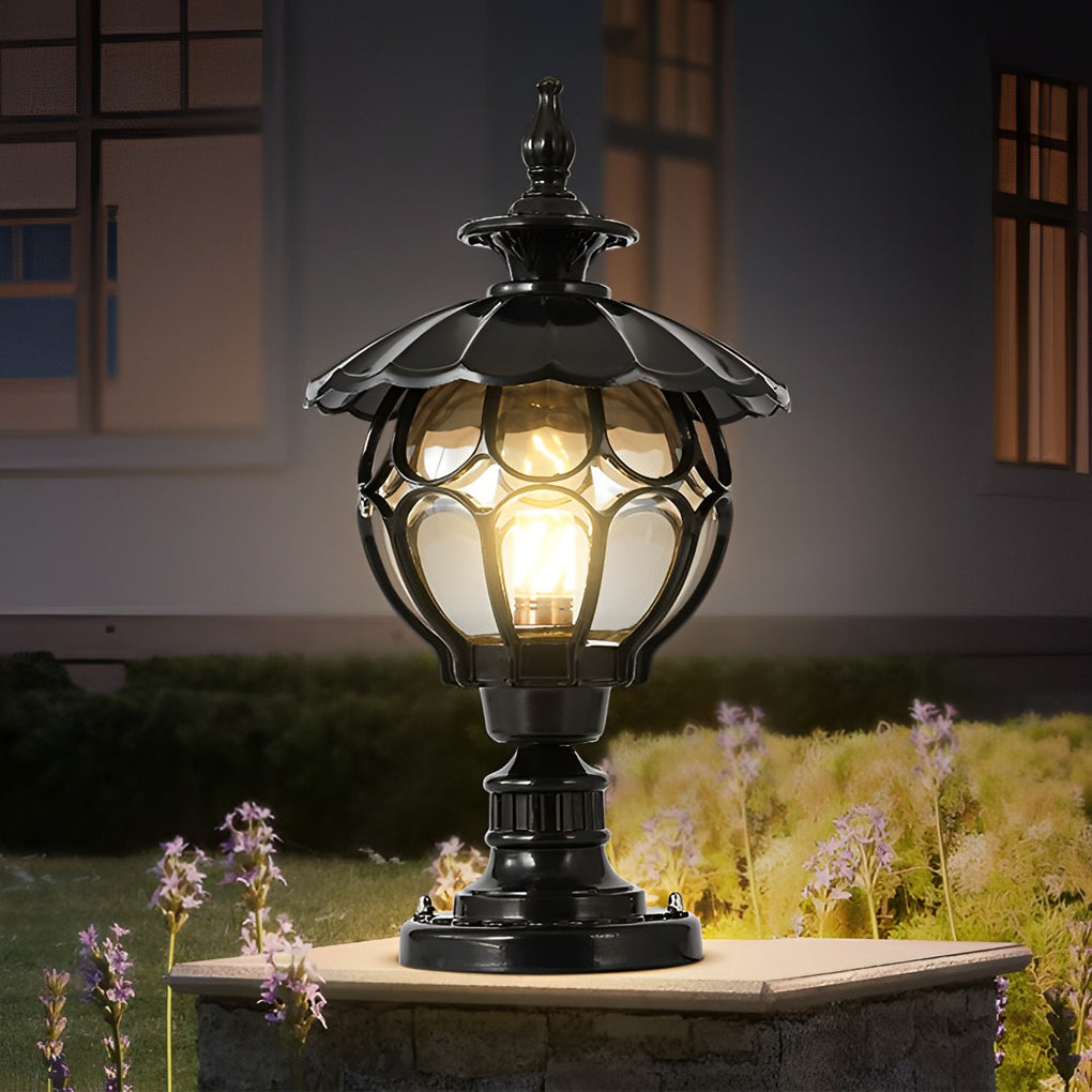 Flower Ball Outdoor Pillar Light — Die-Cast Aluminum, Cognac Glass, E27, 9" × 17", Black / Bronze