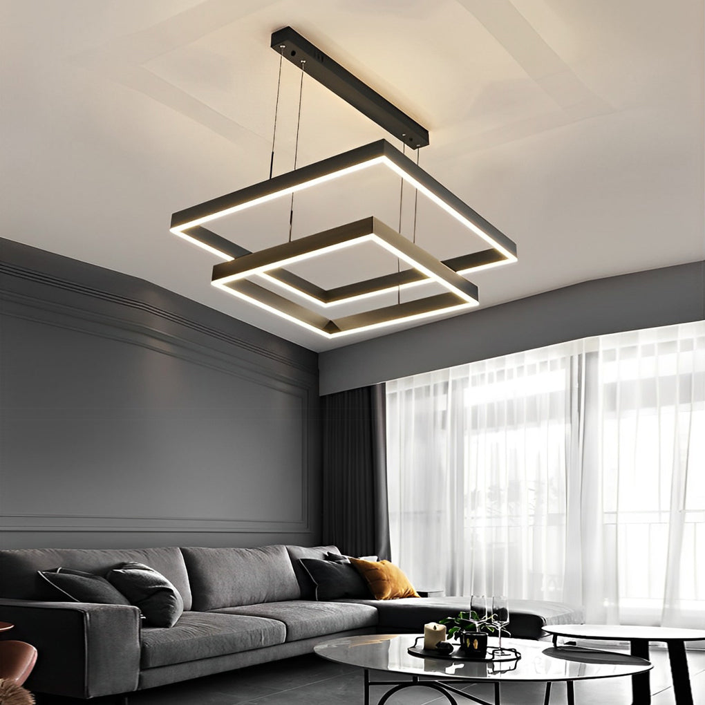 Modern Square LED Chandelier — Black Aluminum, 3-Layer Stepless Dimming, Remote Control