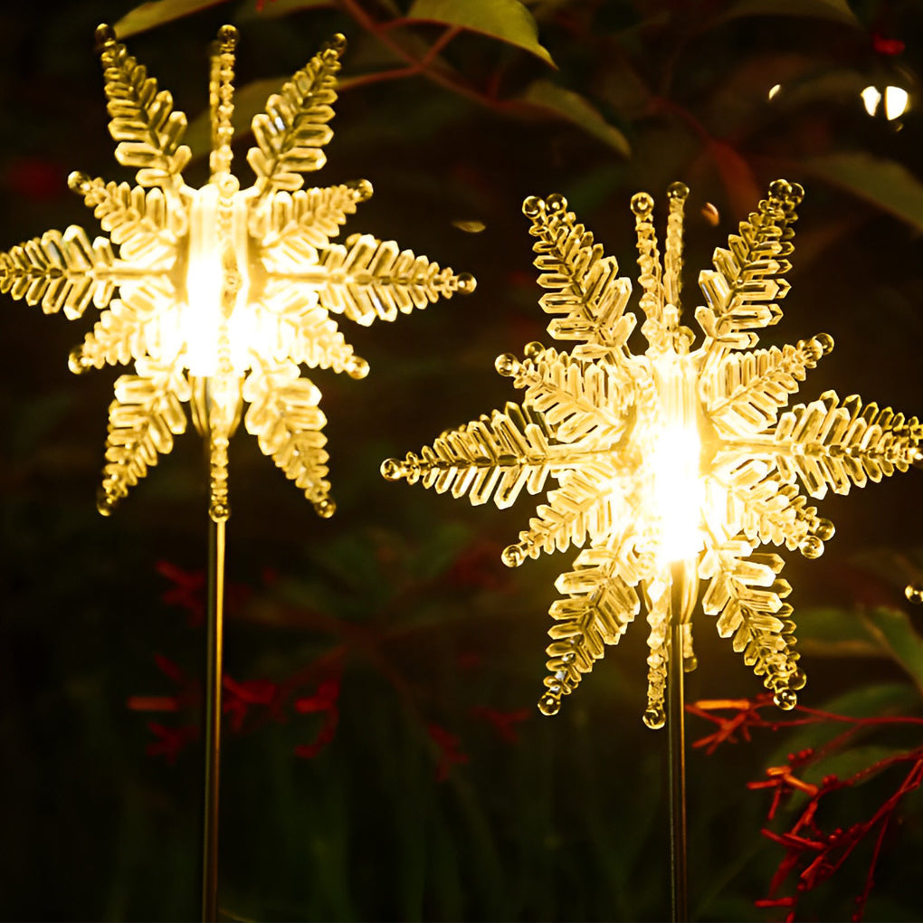 Snowflake Solar Lawn Lights, 2-Pack — Acrylic & Stainless Steel, LED Warm White, IP65, 8" Diameter