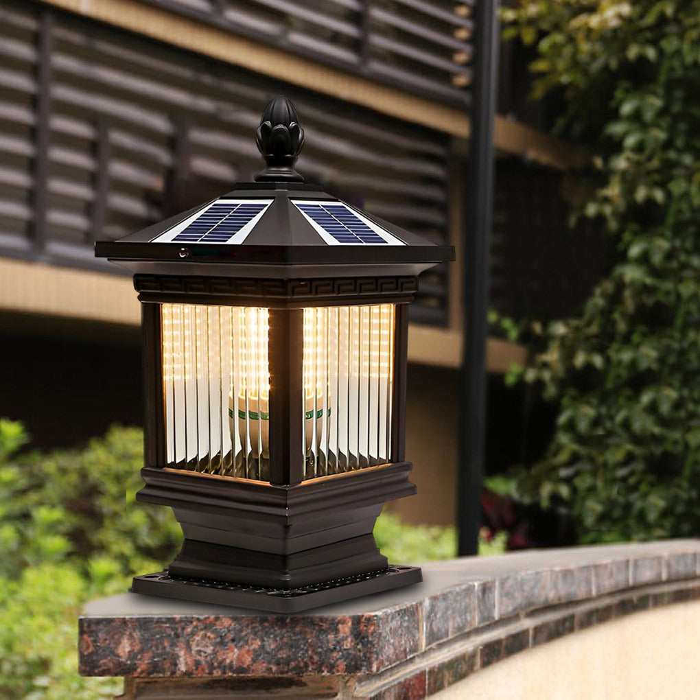 Retro Grille Outdoor Solar Fence Post Light — Die-Cast Aluminum & Glass, IP55, E27, Two Sizes