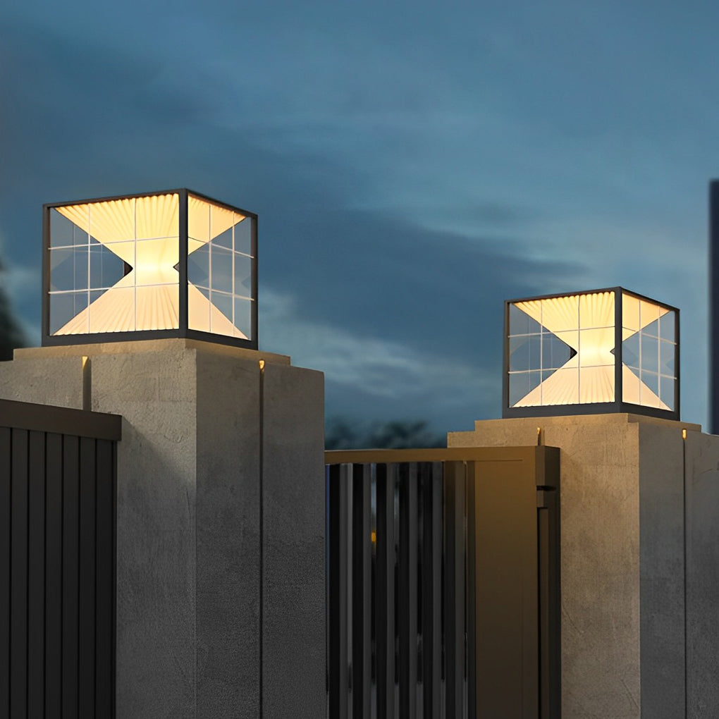 Square Hourglass Solar Fence Post Light — Stainless Steel & Acrylic, LED 3000K, IP65 Weatherproof, Black