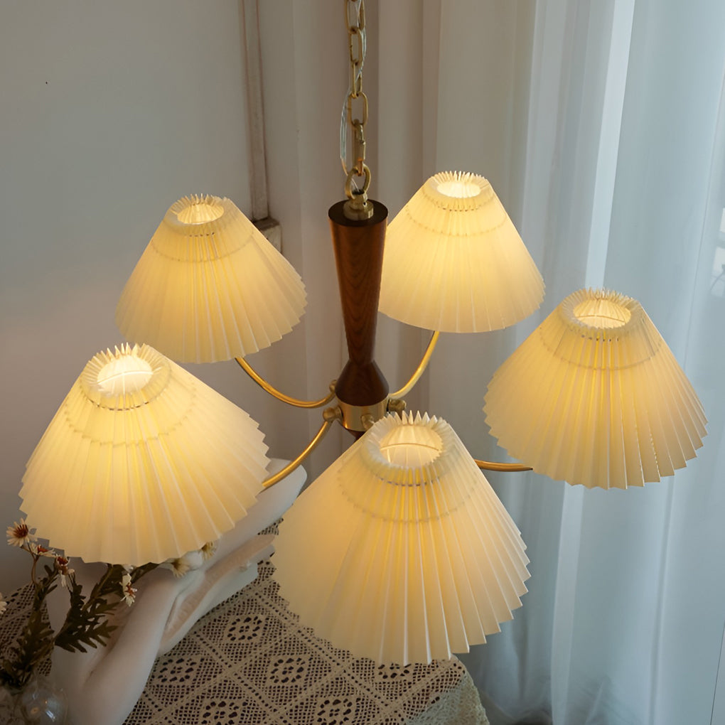 Pleated Shade Chandelier — Copper & Walnut, 12W LED Warm White 3000K, 3-Light 24" or 5-Light 28"