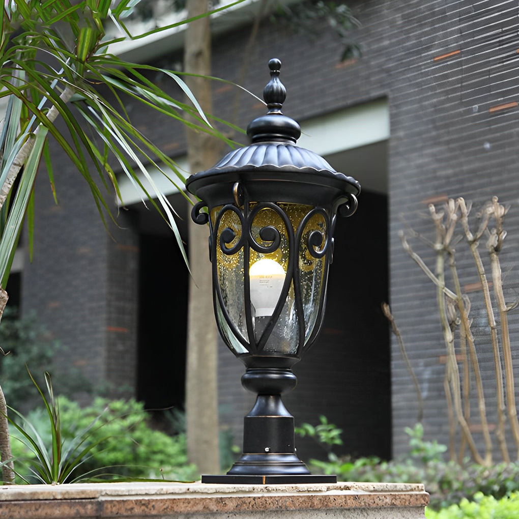 Black Outdoor Pillar Light — Bubble Glass Lantern, Die-Cast Aluminum, 7W LED, IP54, 3000K Warm White