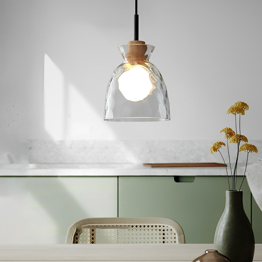 Round Glass and Wood Mini Pendant — Modern Minimalist, 3000K Warm White, Adjustable 59" Cord