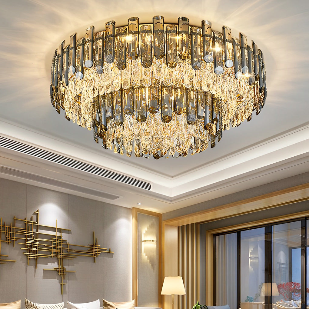 Round Crystal Flush-Mount Ceiling Light — Metal and Iron, Three-Step Dimming, 3000K/4500K/6000K, 20"–39" Sizes