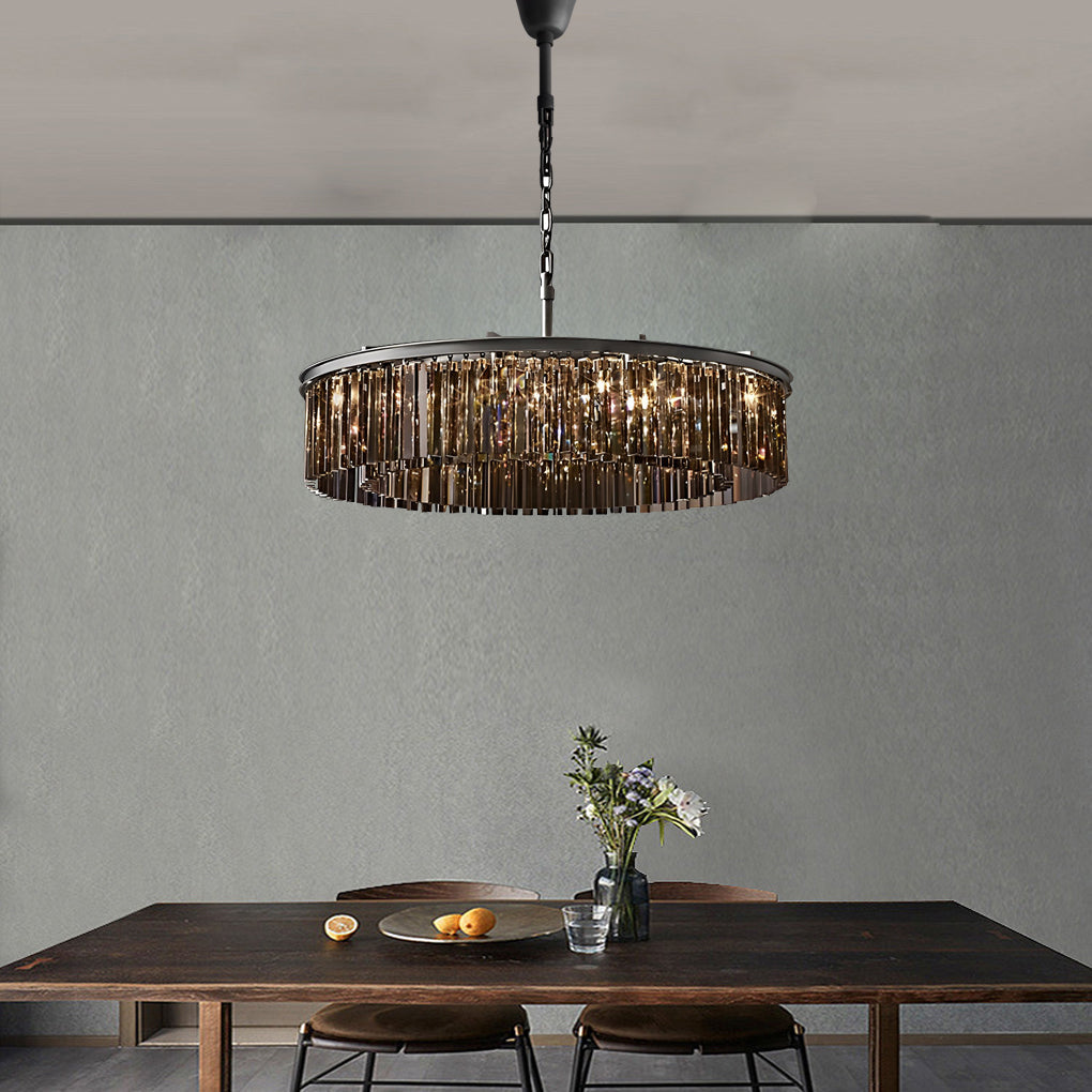 Round Crystal Strip Chandelier — K9 Crystal and Metal, Mid-Century Modern, 3000K Warm White, 21.7" or 33.5"