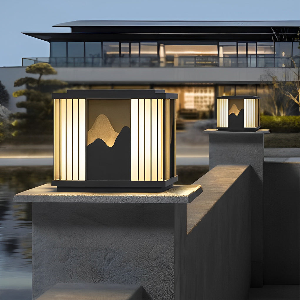Modern Black Solar / Hardwired Post Cap Light — Stainless Steel, LED Mountain Scenery, IP65, 3000K Warm White
